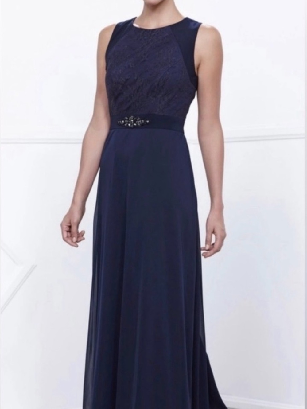 Belle Badgley Mischka Navy Lace Chiffon Beaded Waist Gown Size 10